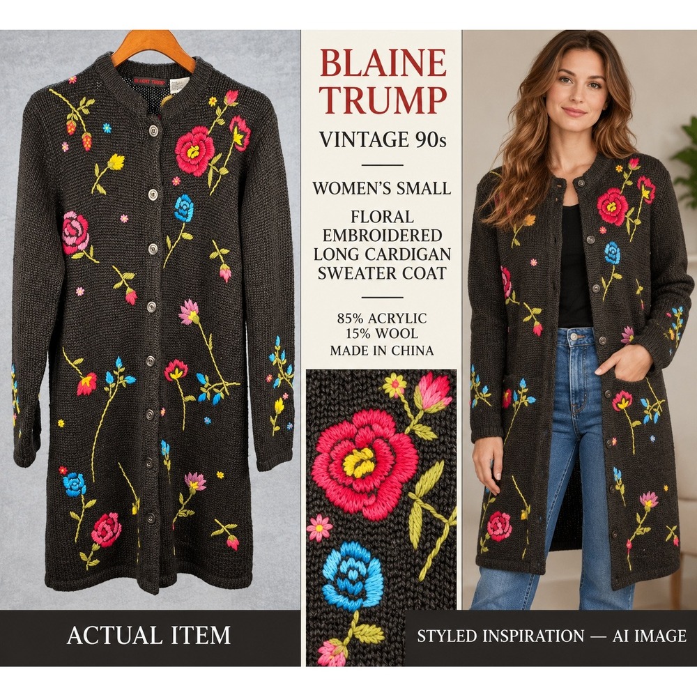 Vintage Blaine Trump Floral Embroidered Longline Cardigan Sweater Duster Small